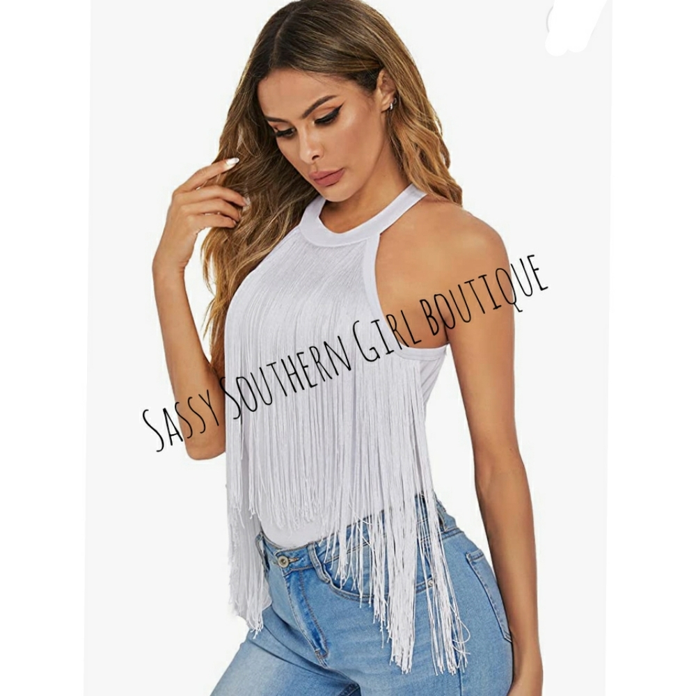 ⭐🆕 Boho western white fringe bodysuit